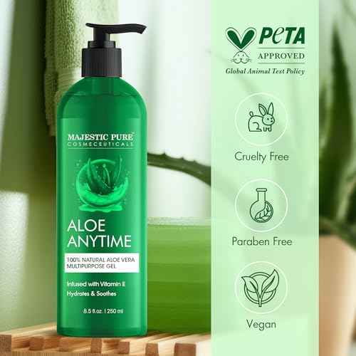 Majestic Pure Aloe Vera Gel for Face and Hair - with vitamin E, Soothes, Moisturizes, & Nourishes Skin & Hair, Soothes Sunburn | 8.5 Fl Oz
