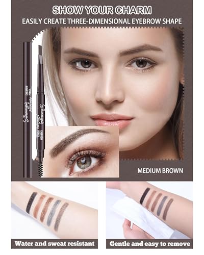 6 Pack Medium Brown Eyebrow Pencil - Waterproof Dual-Ended with Spoolie