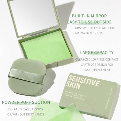 Oil Blotting Sheets for Face - 300 Sheets with Mirror & Puff