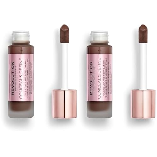 Revolution, Conceal & Define Foundation, Full Coverage, Long-Lasting Matte Finish, Vegan & Cruelty-Free, F18 Dark Skin Tones, 0.8 fl oz (Pack of 2)