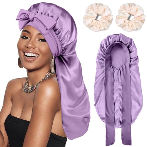 Long Silk Satin Hair Bonnet with Scrunchies for Sleeping - Purple