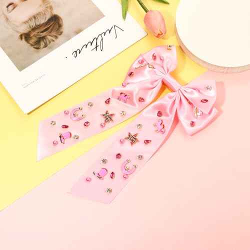 Western Hair Bows for Women Howdy Cowgirl Hair Bow Clips Cowboy Hat Boot Hair Ribbons Jeweled Big Pink Hair Bows Western Hair Accessories Bachelorette Rodeo Nashville Cowgirl Outfits Gifts (Pattern D)