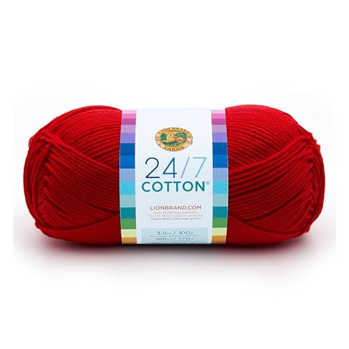 Lion Brand 24/7 Cotton Yarn, Lightweight Yarn for Knitting, Crocheting, and Crafts, Red, 1 Pack