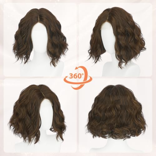 Brown Bob Wig with Lace Front - 11" Wavy Synthetic Hair