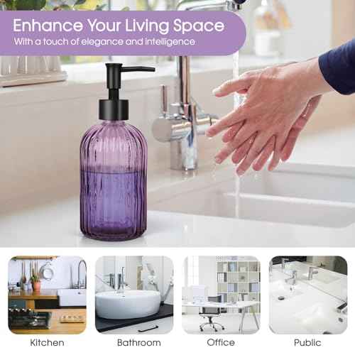 Topsky Stripe Glass Soap Dispenser with Black Plastic Pump, 400ml Liquid Hand Soap Dispenser, Rustproof Pump for Kitchen & Bathroom, Great for Lotions, Essential Oil, Liquid Soaps-Purple