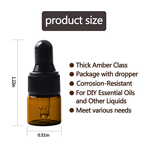 1ml Amber Glass Dropper Bottles, 50 Pack with Caps