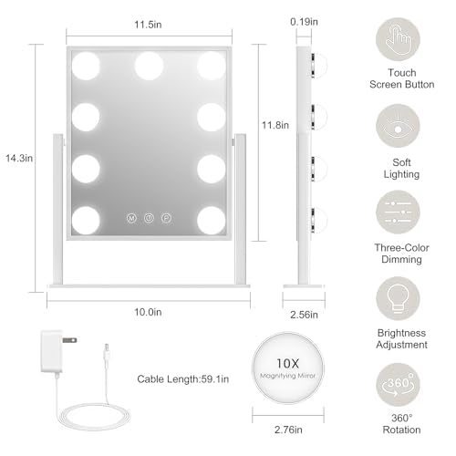 Lighted Vanity Mirror with 9 LED Lights, Detachable 10x Magnifying Mirror, 3-Color dimmable Hollywood Makeup Mirror, Smart Touch Control, Metal Frame, 360-degree Rotation, White/Black (White)