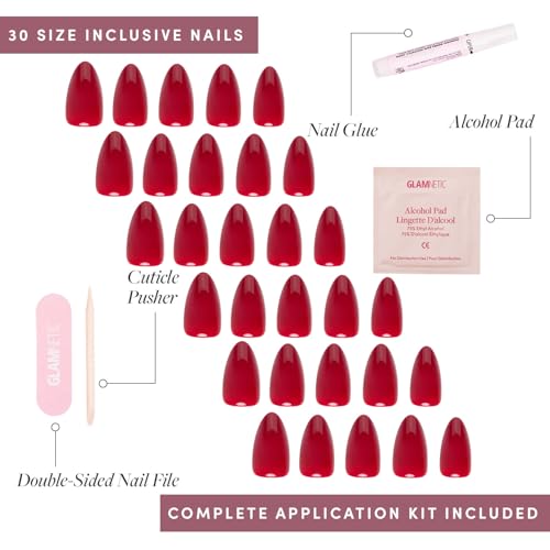 Glamnetic Press-On Nails Bundle - Classic Red & Berry Maroon | Opaque Timeless Red Almond False Nails | Dark Red Round Fake Nails | Reusable, Salon-Quality Nail Kits
