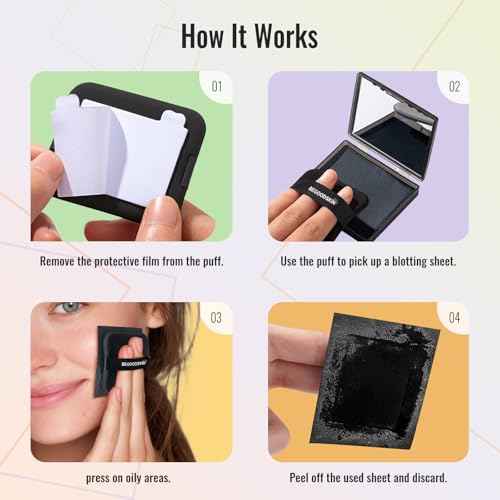 Oil Absorbing Sheets with Mirror & Puff, Natural Oil Control Film, Blotting Paper for Face & Hair, Makeup Friendly, Shine Control for Oily Skin, Matte Finish, 100 Sheets