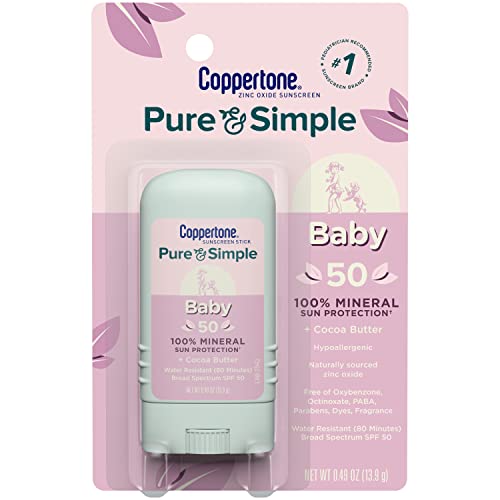 Coppertone Pure and Simple Baby Mineral Sunscreen Pack, Hypoallergenic and Tear Free Sunscreen for Babies, Baby Sunscreen Lotion SPF 50, 6 Fl Oz Bottle + Baby Sunscreen Stick SPF 50, 0.49 Oz