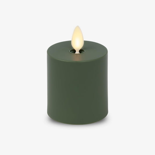 Luminara Loden Green Outdoor Moving Flame Votive Realistic LED Candle (2"x3.2"), IPX4 Flat Smooth Matte Plastic Finish, Battery Operated (2 AAA) Timer