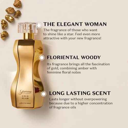 O Boticario Glamour Gold Glam Eau de Toilette, Long-Lasting, Sweet and Floral Fragrance Perfume for Women, 2.5 Ounce