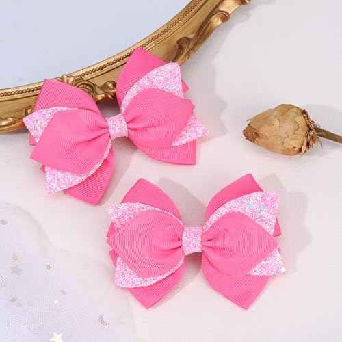 4 Inch Sparkly Glitter Pink Hair Bow Clips for Girls Boutique Sequin Alligator Barrettes Pins for Teens Toddler Children Kids Grosgrain Hair Accessories for Christmas Halloween Fall Birthday