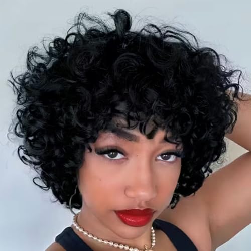 Adette Brazilian 6" Short Curly Wig with Bangs, 180% Density, Natural Black – 602-1B
