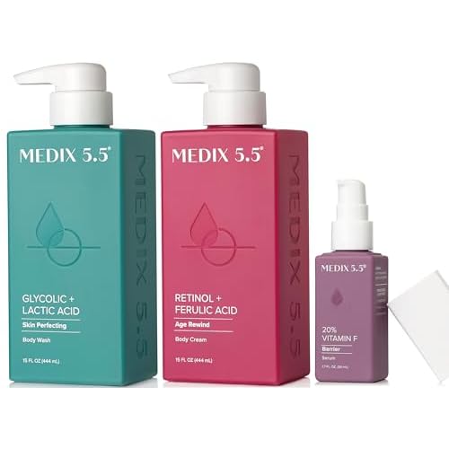 MEDIX Anti Aging Skin Care 3PC Set | Retinol Body Cream + Exfoliating AHA Glycolic Acid Foaming Face & Body Wash + Vitamin F Booster Serum, Wash + Treat + Hydrate Skincare Set