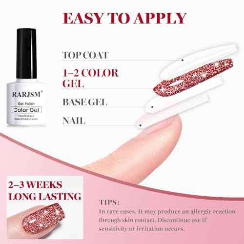 RARJSM Red Reflective Glitter Gel Nail Polish Holographic Rainbow Iridescent Sparkle Flash Diamond Shimmer LED UV Soak Off Gelpolish Nail Art Manicure Salon DIY at Home 1pcs 7.5ml