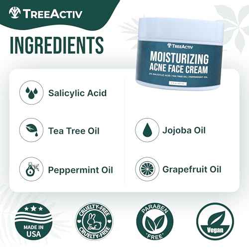 TreeActiv Acne Cream Original Formula, 2 fl oz, 2% Salicylic Acid Face Moisturizer for Oily Skin, Skin Care Acne Formula for Cystic Acne Treatment, Hydrating Face Moisturizer for Acne Prone Skin