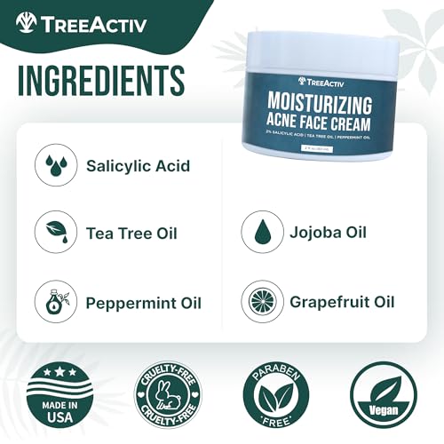 TreeActiv Acne Cream Original Formula, 2 fl oz, 2% Salicylic Acid Face Moisturizer for Oily & Acne-Prone Skin, Lightweight Hydrating Facial Cream