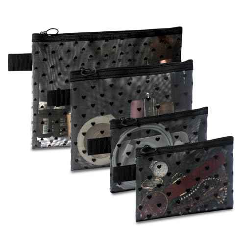 4-Piece Heart Printed Mesh Makeup Bag Set, Portable Travel Mesh Cosmetic Bags Toiletry Bags Makeup Purse Bags Mesh Zipper Storage Pouches for Home Offices Travel Accessories (Black)