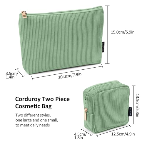 MAGEFY Small Corduroy Makeup Bag, 2 Pcs Green Pouch with Inner Pocket - Travel Purse Organizer