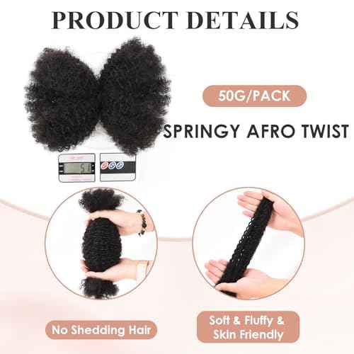 Teresa Springy Afro Twist Human Hair for Braids and Dreadlocks, Natural and Soft pre Fluffed Spring Twist Hair Can be Dyed and Bleached (18 Inch, 50g/Pack)