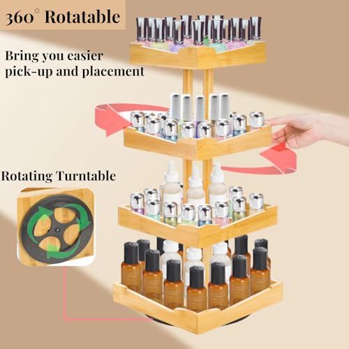 Nail Polish Organizer, 4 Tier Bamboo Stand Essential Oil Display Rack for 120-212 Bottles, 360¡Æ Rotating Large Capacity Cosmetics Storage Shelf Holder for Home Spa, Business Salon
