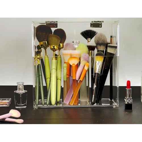 Acrylic Makeup Organizer,Clear Cosmetic Brush Storage Box With 3 Brush Holders,Makeup Brush Holderwith Dust Cover, Large-capacity Split Design Can Quickly Organize the Desktop£¨No pearls£©