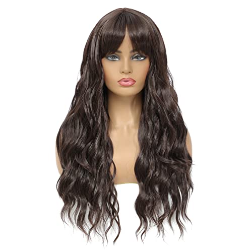 Long Curly Wavy Wig with Bangs - Dark Brown Synthetic Hair