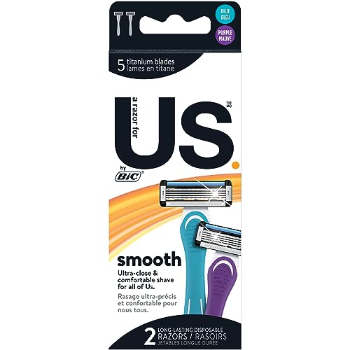 BIC Us. 5-Blade Unisex Disposable Razors For Men and Women, Lubrication Strip For a Smooth, Close Shave, 2-Count