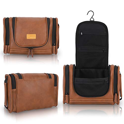 MIRASON Travel Toiletry Bag, Hanging Toiletry Bag for Men, Leather Travel Shower Bag for Toiletries Dopp Kit Bathroom Bag with Metal Hook, Gift for Men (Brown)