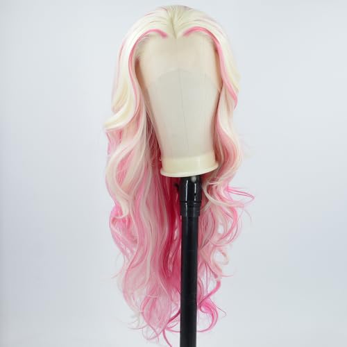 Long Wavy Hot Pink White Lace Front Wig Pink Skunk Stripe Platinum Blonde New Synthetic Hair For Women