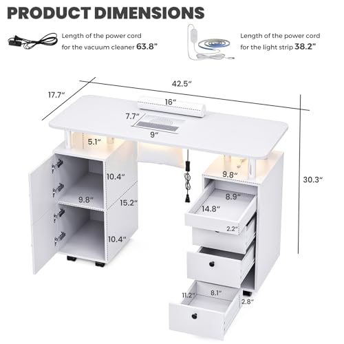 Nail Tech Table with Dust Collector & LED Light - Rolling Manicure Desk