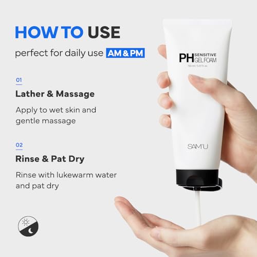 SAM'U PH Sensitive Gel Foam Cleanser | Korean Hydrating Face Wash with Hyaluronic Acid & Centella | Gentle Facial Cleanser for Dry & Sensitive Skin (5.07 Fl. Oz.)