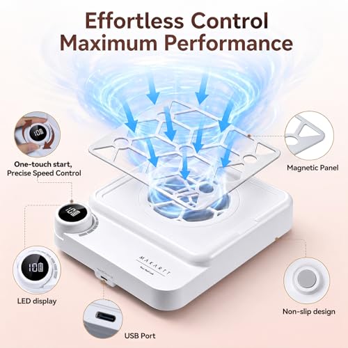 Makartt Compact Rechargeable Nail Dust Collector - White, 10 Speeds, 5500 RPM