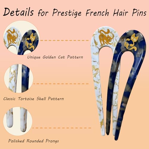 2PCS Prestige French Hair Pins with Cat Pattern - Tortoise Shell U-Shaped Hair Forks