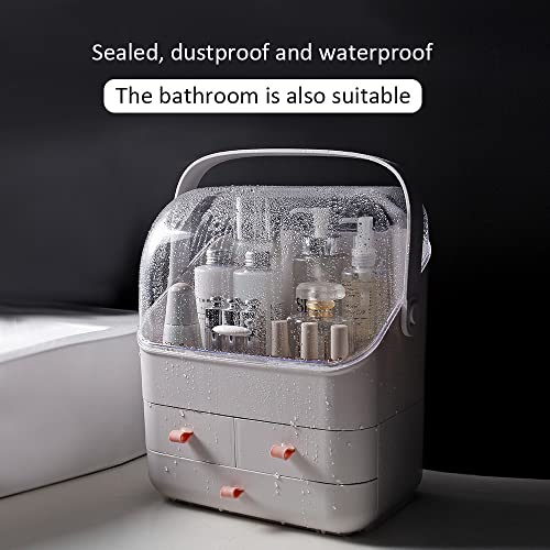 Makeup Organizer, Dustproof Cosmetic Storage Box with Portable Handle & Fully Open Waterproof Lid for Bathroom Countertop Bedroom Dresser(White)