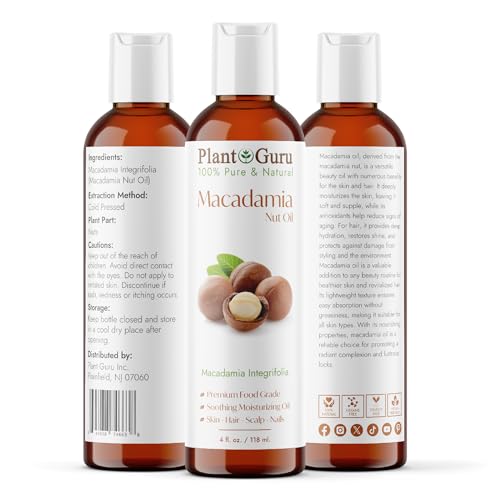 Plant Guru Macadamia Nut Oil 4 fl. oz. Cold Pressed 100% Pure Natural Carrier ? Skin, Face, Body, and Hair Moisturizer. Ideal for DIY Creams, Lotions, and Lip Balms