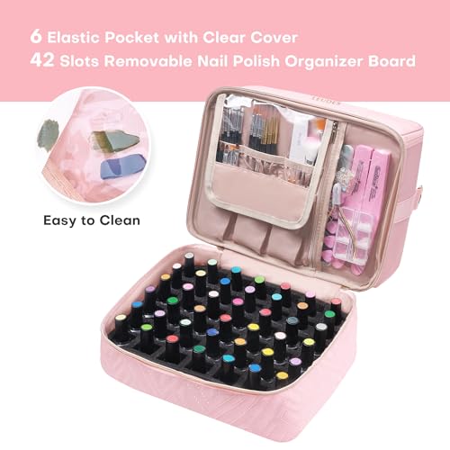 Leudes Nail Polish Organizer and Storage Holder 42 Bottles&Manicure Kit &Nail Lamp,Nail Stuff Bag Organizer Travel Case for Nail Tech Supplies Accessories Manicure Tools (Pink)