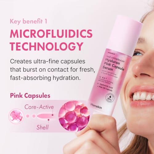 Hanskin Hyaluron Pink Capsule Serum ? 6-Layer Hyaluronic Acid for Deep Hydration, Glass Skin Glow & Pink Radiance | Vitamin B12 Barrier Support, Moisturizing & Brightening Korean Serum | 1.69 fl oz