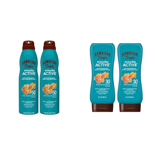Hawaiian Tropic Everyday Active Spray SPF 50 6oz Twin Pack and Everyday Active Lotion SPF 30 8oz Twin Pack Sunscreen