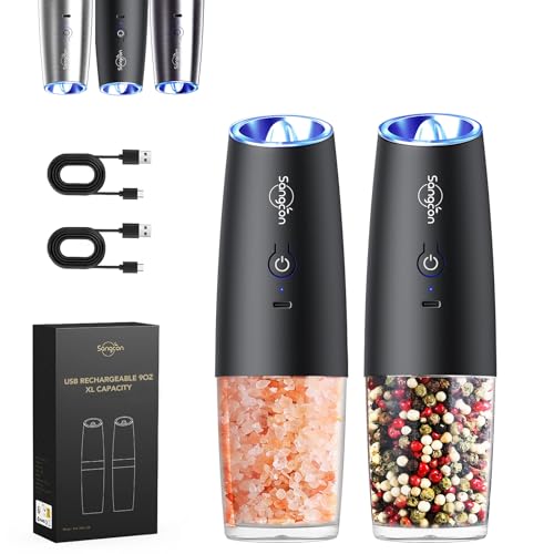 Sangcon Gravity Electric Salt and Pepper Grinder Set RECHARGEABLE Automatic Salt Pepper Shakers USB-C No Battery Needed - LED Light One Hand Operation, Adjustable Coarseness Pepper Mill Set