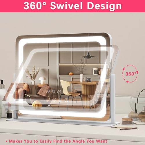 ROLOVE White 22x17 Inch Lighted Vanity Mirror with Dimmable LED & 360° Rotation