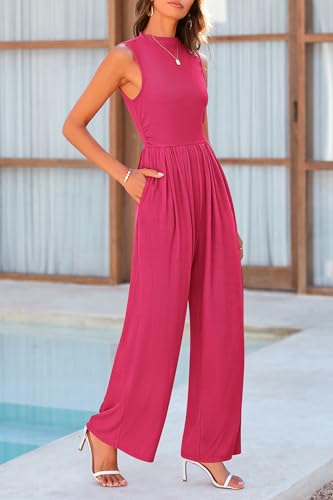 PRETTYGARDEN Womens Summer Jumpsuits Dressy Casual One Piece Outfits Sleeveless Mock Neck Wide Leg Pants Rompers with Pockets (Rose Red,Small)