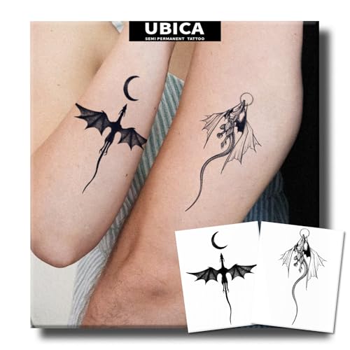 Semi Permanent Tattoos, 2 Sheets Realistic Temporary Tattoos for Women Men Arm, Fake Tattoo Stickers for for Party, Waterproof No Reflective, Lasts 2 Weeks (Flying Dragon Moon & Sun Designs)