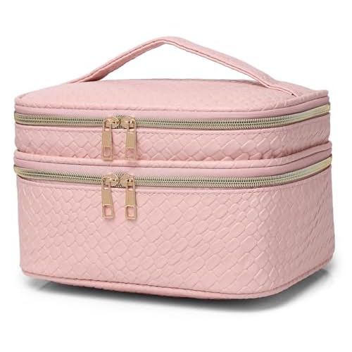 Large Makeup Bag for Women Double Layer Cosmetic Bag with Jewelry Organizer Compartment Waterproof Travel Toiletry Bag (B/Pink)