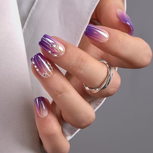 CurvLife Medium Square Soft Gel Press On Nails - Purple Chrome Lines Kit