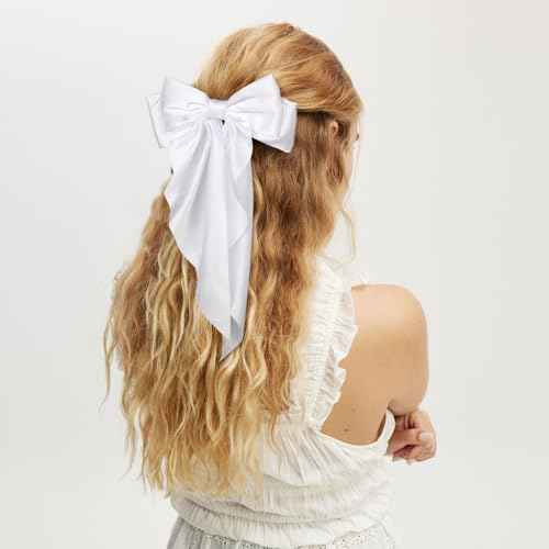 Silky Satin Hair Bows - 4PCS Ribbon Bows for Women & Girls, Big Bow Hair Clips with Long Tail, Barrettes - Cute Hair Accessories Gifts (Black, Blue Grey, Grey, White)