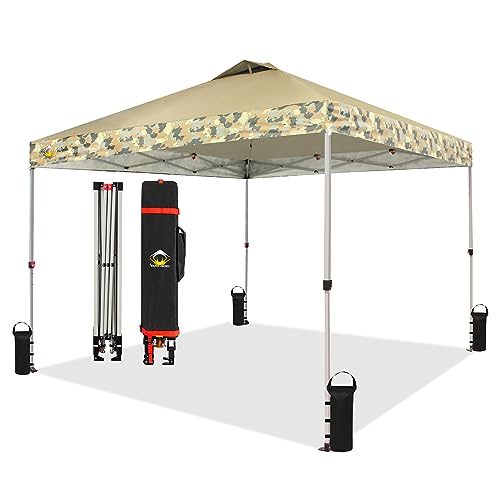 CROWN SHADES 10x10 Pop Up Canopy, Patented Center Lock One Push Instant Popup Outdoor Canopy Tent, Newly Designed Storage Bag, 8 Stakes, 4 Ropes, Camouflage Coffee