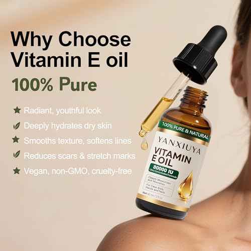 Vitamin E Oil, 80,000 IU Pure Organic Vitamin E Oil for Skin, Scars, Face & Body, Moisturizing Care for Hair, Nail & Scalp, Bath & Body, Hydrating Dry Skin, Wrinkles, Easy Absorption, 2 Fl Oz