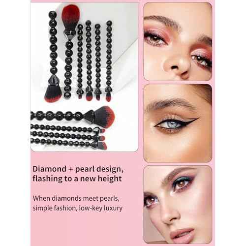 COSHINE Unique Diamond and Pearl Design Makeup Brush Set, 10pcs Cute and Full Complete Powder, Concealer, Blush, Eye Shadow Cosmetic Brushes Kit (BLACK)